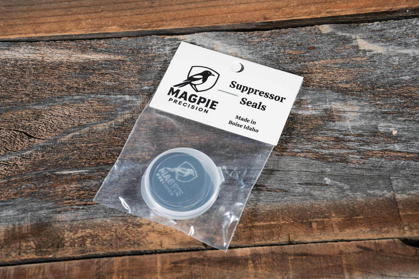 Magpie Precision Suppressor Seals retail packaging, made in Boise, Idaho, with travel case