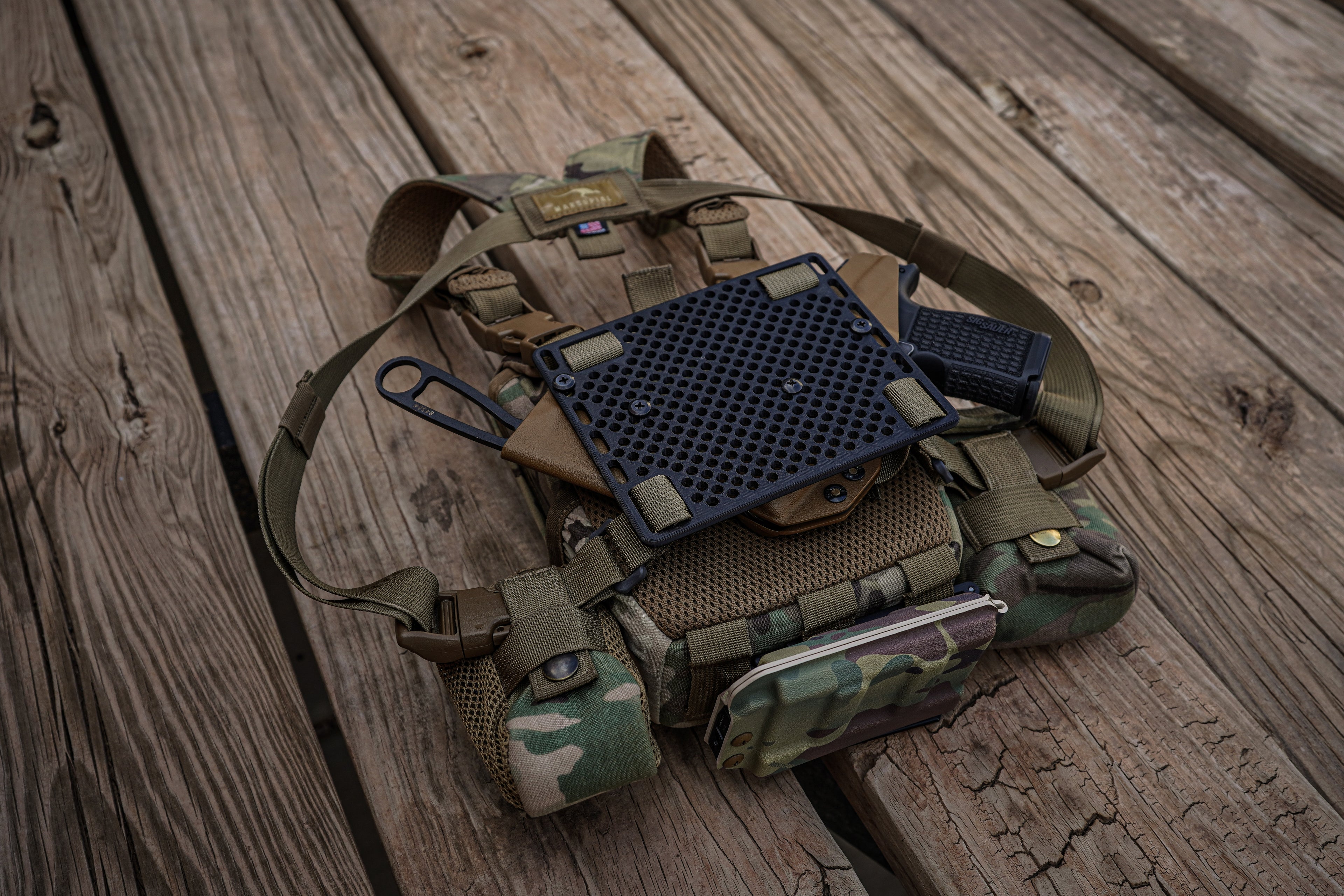 Guardian Chest Plate mounted on binocular harness